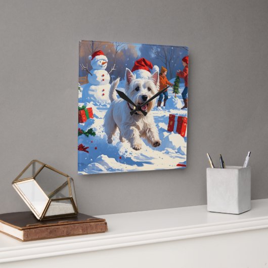 雪の中を走るウェスティとクリスマス帽 スクエア壁時計 (オフィス)