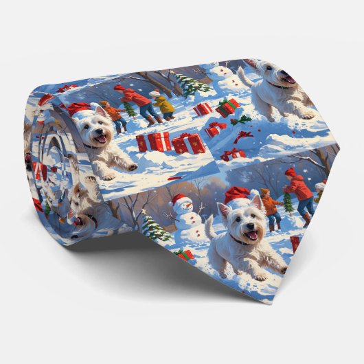 雪の中を走るウェスティとクリスマス帽 ネクタイ (ロール)