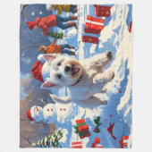 雪の中を走るウェスティとクリスマス帽 フリースブランケット (正面)