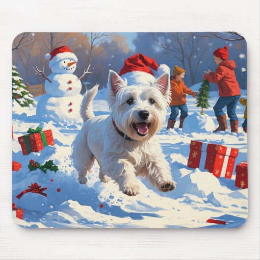 雪の中を走るウェスティとクリスマス帽 マウスパッド (正面)