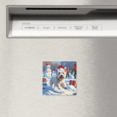 雪の中を走るウェスティとクリスマス帽 マグネット (インサイチュ (食洗機))