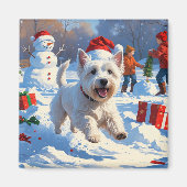 雪の中を走るウェスティとクリスマス帽 マグネット (正面)