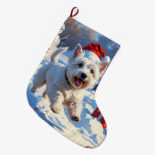 雪の中を走るウェスティとクリスマス帽 ラージクリスマスストッキング (正面 (吊り時))