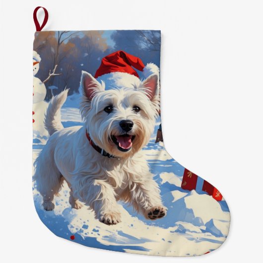 雪の中を走るウェスティとクリスマス帽 ラージクリスマスストッキング (正面)