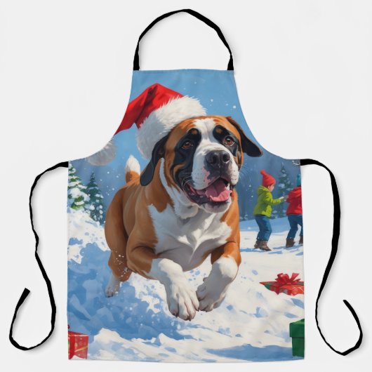 雪の中を走るカネ・コルソ（クリスマス帽をかぶって） エプロン (正面)