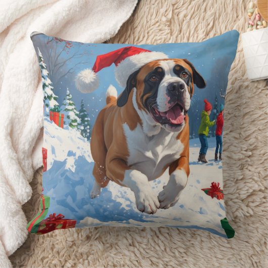 雪の中を走るカネ・コルソ（クリスマス帽をかぶって） クッション (ブランケット)