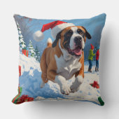 雪の中を走るカネ・コルソ（クリスマス帽をかぶって） クッション (正面)