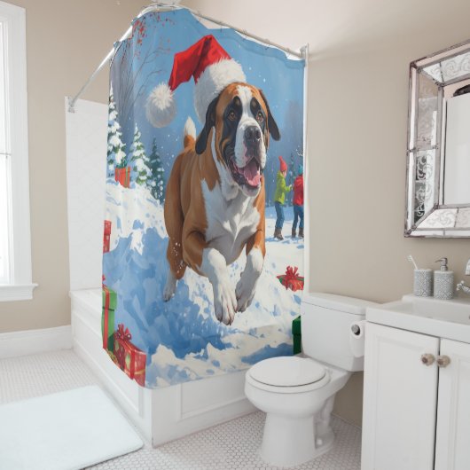 雪の中を走るカネ・コルソ(クリスマス帽をかぶって) シャワーカーテン (インサイチュ)