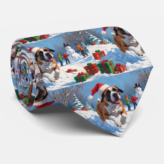 雪の中を走るカネ・コルソ(クリスマス帽をかぶって) ネクタイ (ロール)