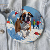 雪の中を走るカネ・コルソ(クリスマス帽をかぶって) 缶バッジ (インサイチュ)