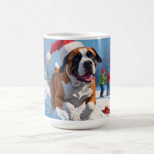 雪の中を走るカネ・コルソ(クリスマス帽子付き) コーヒーマグカップ (中央)