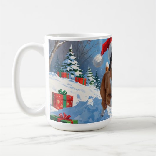 雪の中を走るカネ・コルソ(クリスマス帽子付き) コーヒーマグカップ (左)