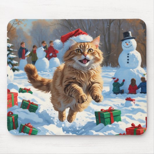 雪の中を走るクリスマスハットのトルコアンゴラ マウスパッド (正面)