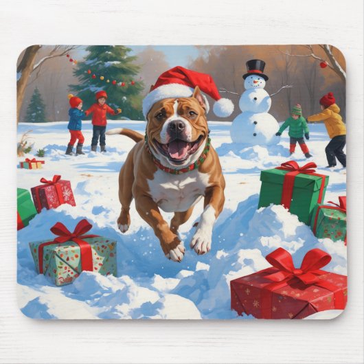 雪の中を走るクリスマス帽のピットブル犬 マウスパッド (正面)