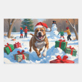 雪の中を走るクリスマス帽のピットブル犬 長方形シール (正面)