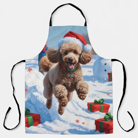 雪の中を走るクリスマス帽のプードル エプロン (正面)