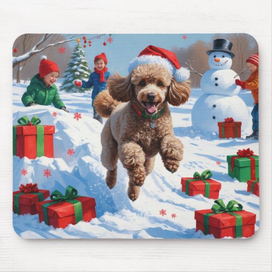 雪の中を走るクリスマス帽のプードル マウスパッド (正面)
