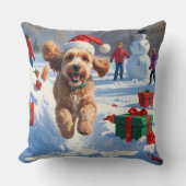 雪の中を走るコッカプー（クリスマス帽子付き） クッション (正面)