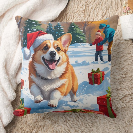 雪の中を走るコーギーとクリスマス帽 クッション (ブランケット)