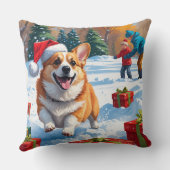 雪の中を走るコーギーとクリスマス帽 クッション (裏面)
