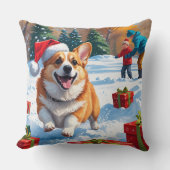 雪の中を走るコーギーとクリスマス帽 クッション (正面)