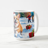 雪の中を走るコーギーとクリスマス帽 コーヒーマグカップ (正面右)