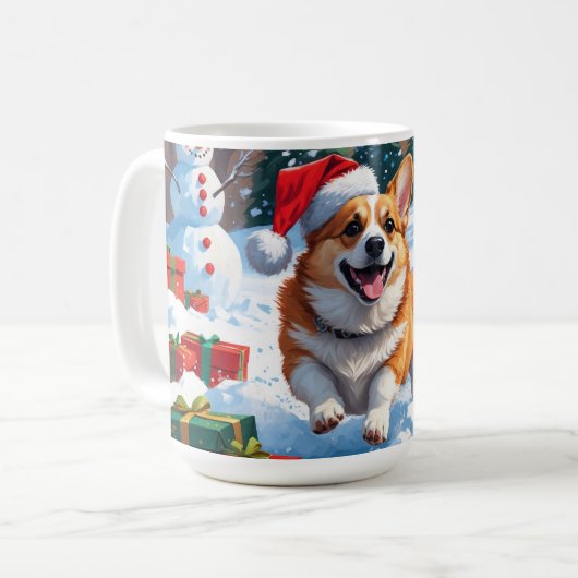 雪の中を走るコーギーとクリスマス帽 コーヒーマグカップ (正面左)