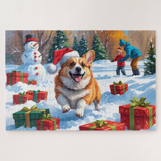 雪の中を走るコーギーとクリスマス帽 ジグソーパズル (横)
