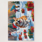 雪の中を走るコーギーとクリスマス帽 ジグソーパズル (縦)