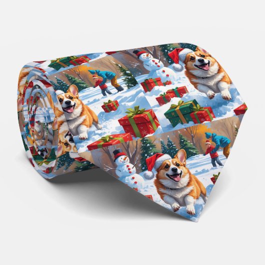 雪の中を走るコーギーとクリスマス帽 ネクタイ (ロール)