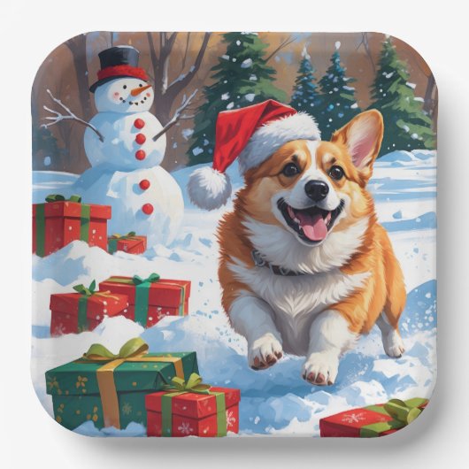 雪の中を走るコーギーとクリスマス帽 ペーパープレート (正面)