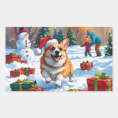 雪の中を走るコーギーとクリスマス帽 長方形シール (正面)