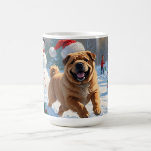 雪の中を走るシャープ・ペイのクリスマスハット姿 コーヒーマグカップ