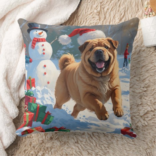雪の中を走るシャープ・ペイのクリスマス クッション (ブランケット)
