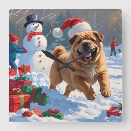 雪の中を走るシャープ・ペイのクリスマス スクエア壁時計 (正面)