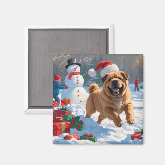 雪の中を走るシャープ・ペイのクリスマス マグネット (正面/裏面)