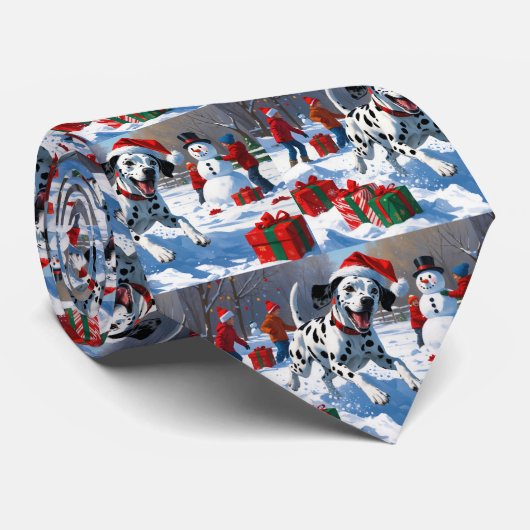 雪の中を走るダルマティア犬のクリスマス帽 ネクタイ (ロール)