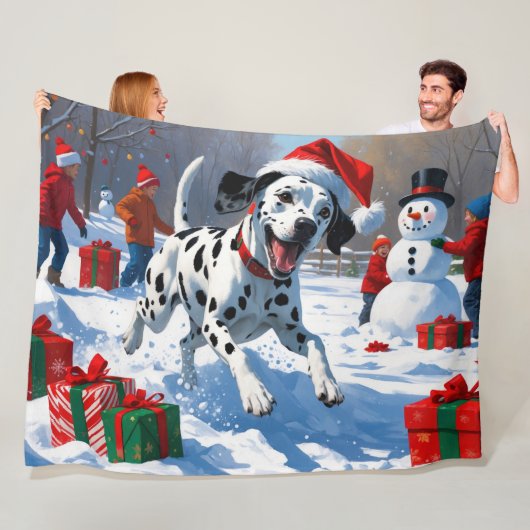雪の中を走るダルマティア犬のクリスマス帽 フリースブランケット (インサイチュ)