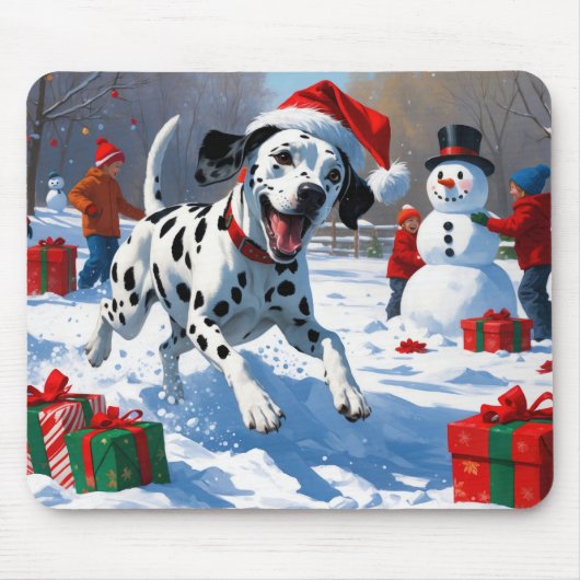 雪の中を走るダルマティア犬のクリスマス帽 マウスパッド (正面)