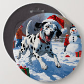 雪の中を走るダルマティア犬のクリスマス帽 缶バッジ (正面&裏面)