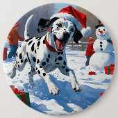 雪の中を走るダルマティア犬のクリスマス帽 缶バッジ (正面)