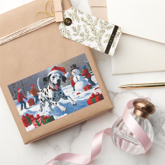 雪の中を走るダルマティア犬のクリスマス帽 長方形シール (ギフト)
