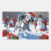 雪の中を走るダルマティア犬のクリスマス帽 長方形シール (正面)