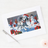 雪の中を走るダルマティア犬のクリスマス帽 長方形シール (封筒)