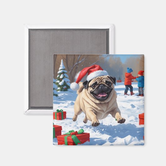 雪の中を走るパグ犬のクリスマス帽 マグネット (正面/裏面)