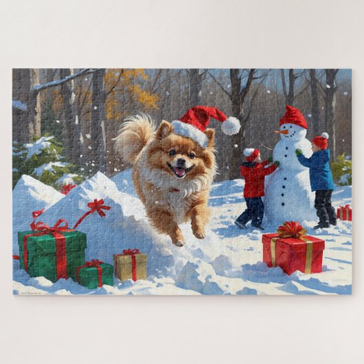 雪の中を走るポメラニアン　クリスマス帽をかぶって ジグソーパズル (横)