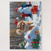 雪の中を走るポメラニアン　クリスマス帽をかぶって ジグソーパズル (縦)