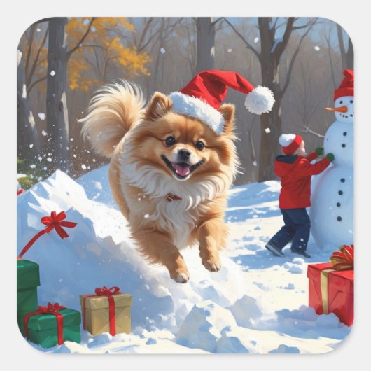 雪の中を走るポメラニアン クリスマス帽をかぶって スクエアシール (正面)