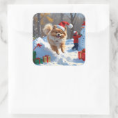 雪の中を走るポメラニアン クリスマス帽をかぶって スクエアシール (バッグ)