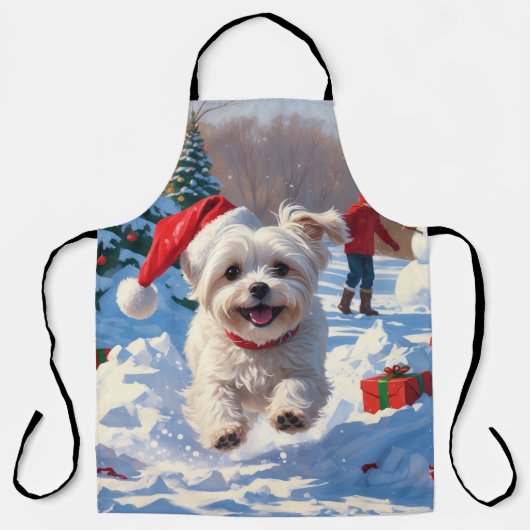 雪の中を走るマルチーズ犬のクリスマス帽 エプロン (正面)